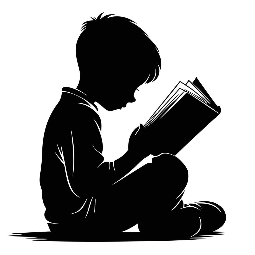 Child Reading Book Silhouette Minimalist Black and White Literacy Illustration vector