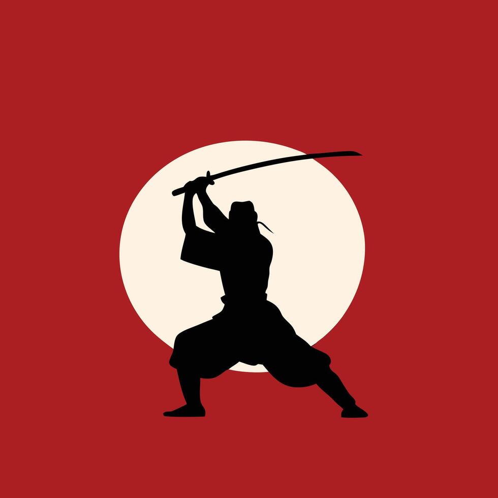 Black Silhouette of a Samurai Warrior Epic Sword Fighting Stance, Dramatic Illustration vector