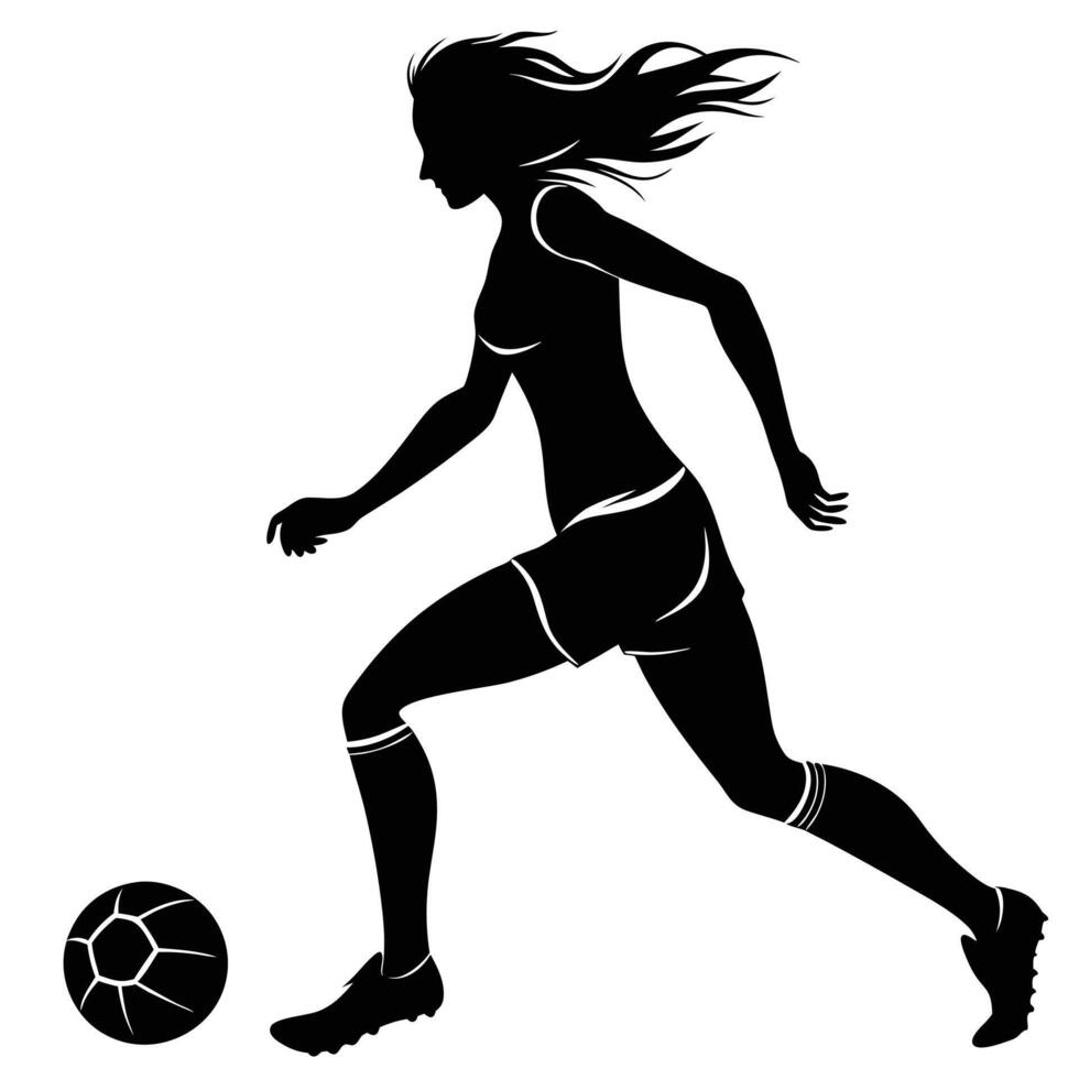 Minimalist Black and White Silhouette of a Female Footballer in Soccer Action vector