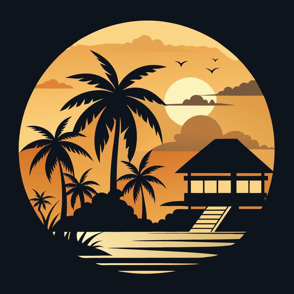 Tropical Island Silhouette with Palm Trees and Beach Hut Paradise Art vector