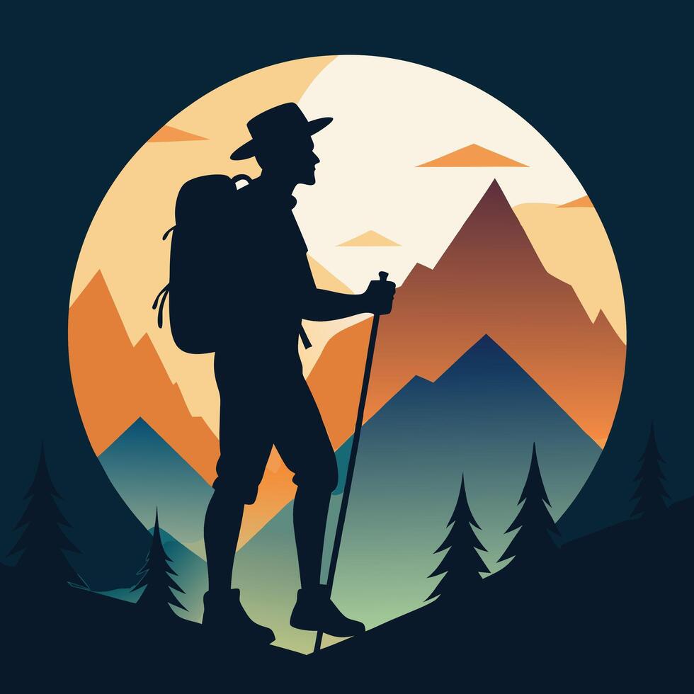 Hiker Silhouette with Backpack and Walking Stick Minimalist Black and White Art vector