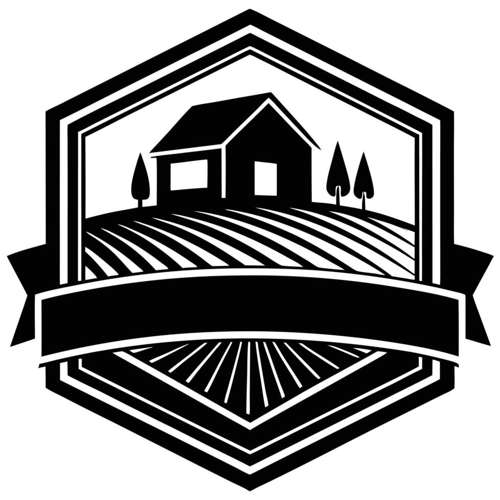Black and White Agricultural Emblem Geometric Shape Logo with Farmhouse, Barn, Trees, and Plowed Field vector
