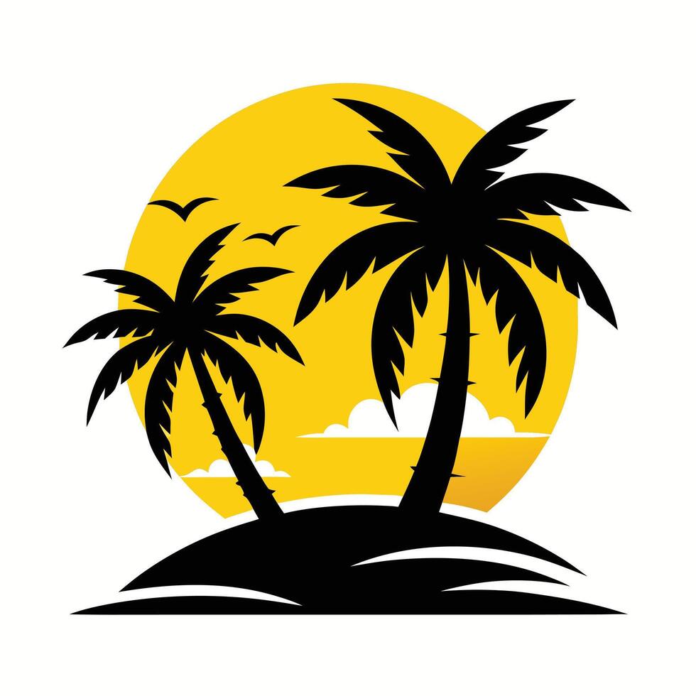 Palm Trees at Sunset Minimalist Illustration of a Tropical Beach Scene with Silhouettes and Ocean View vector