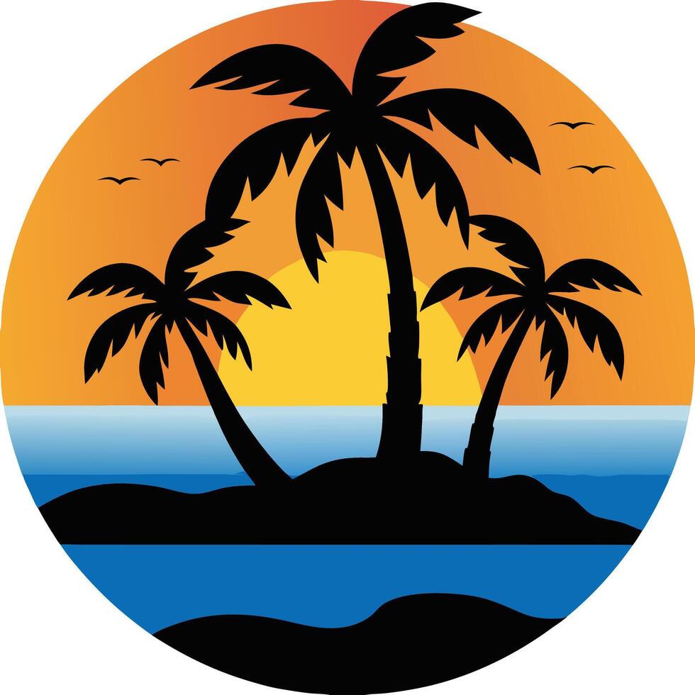 Palm Tree Silhouette Tropical Island Scene in Circular Design for Art, Logos, and Branding vector