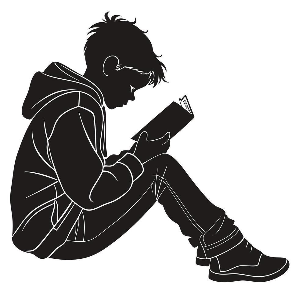 Minimalist Black Silhouette of a Boy Sitting Calmly on the Ground Capturing Solitude vector