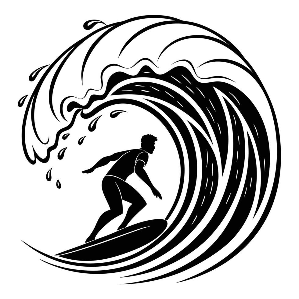 Powerful Tsunami Style Wave with Swirling Water Energy in Bold Black Lines and Simplified Monochrome Shapes vector