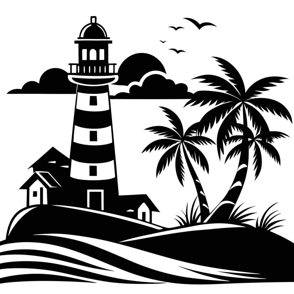 Dramatic Lighthouse Scene High Contrast Monochrome Illustration vector