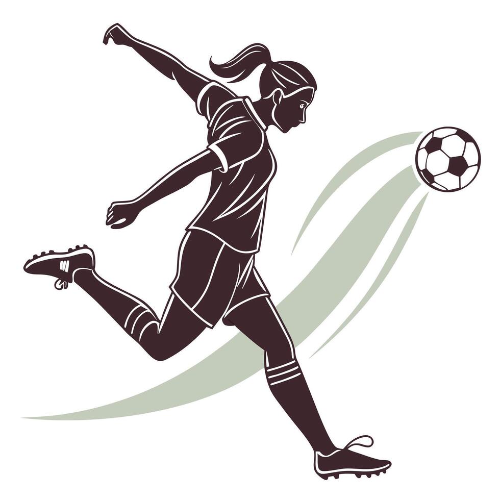 Female Soccer Player Silhouette in Dynamic Kicking Pose with Athletic Form and Motion Emphasis in Black and White Style vector