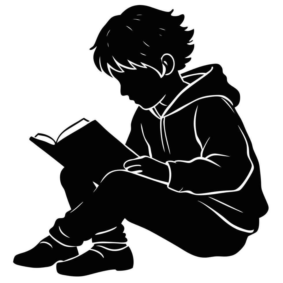 Silhouette of a Young Boy Sitting on the Ground in a Peaceful Reflective Pose vector