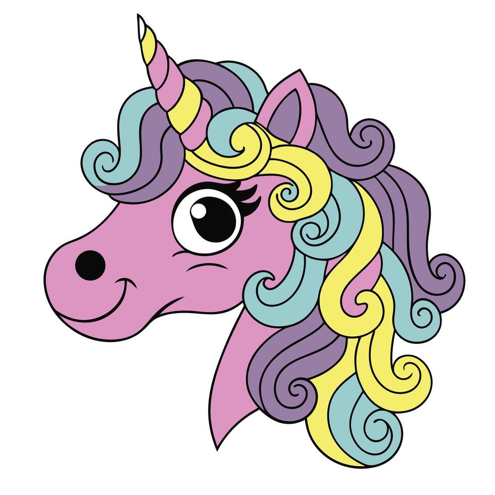 Cartoon Unicorn with Pastel Rainbow Mane and Whimsical Swirl Design vector