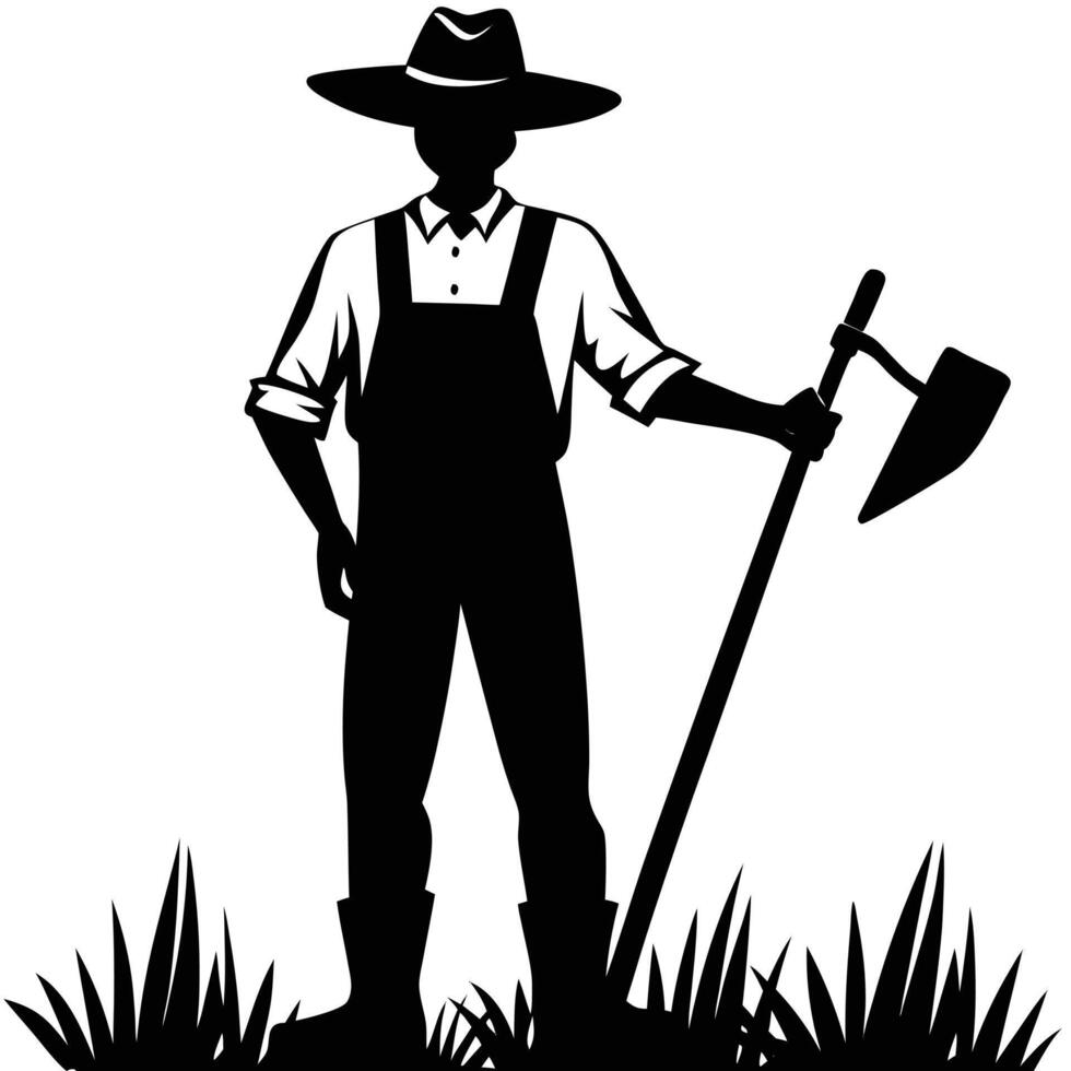 Black and White Silhouette of Farmer in Overalls Iconic Agricultural Worker with Hoe in Rural Field vector