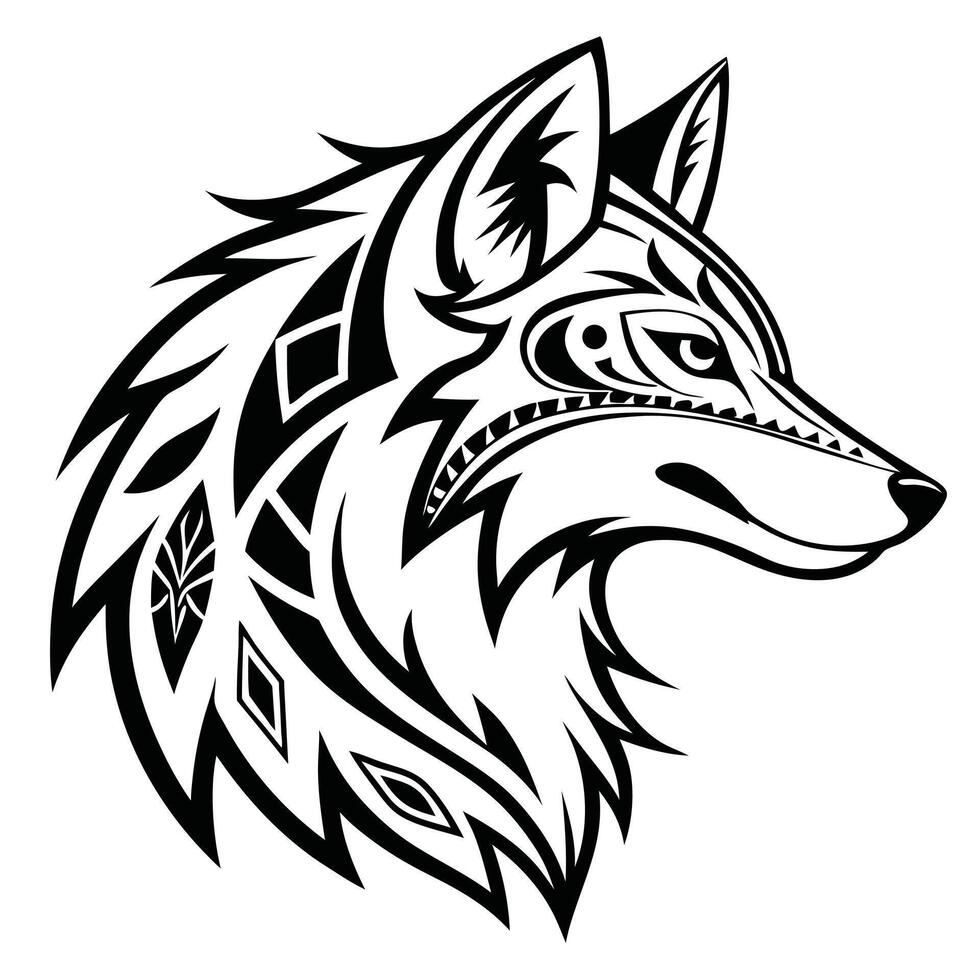 Black and White Wolf Head in Tribal Silhouette Design with Stylized Fur and Powerful Expression vector