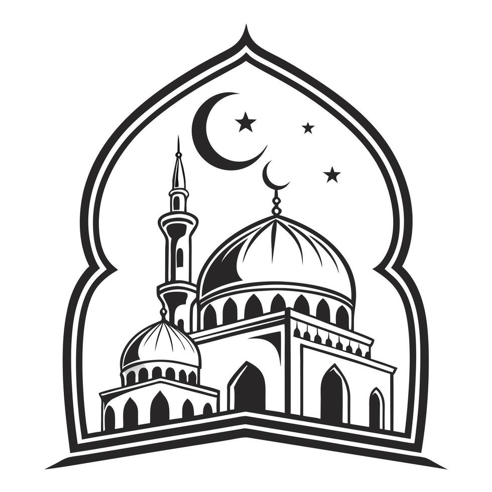 Clean Islamic Mosque Outline with Detailed Domes and Crescent Moon Framed in Stylized Geometric Arch for Faith Based Designs vector