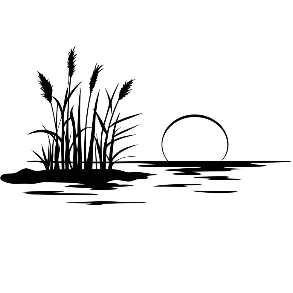 Serene Lake Landscape with Reeds and Cattails in Simple Black Line Art Featuring Crescent Moon and Water Reflection vector