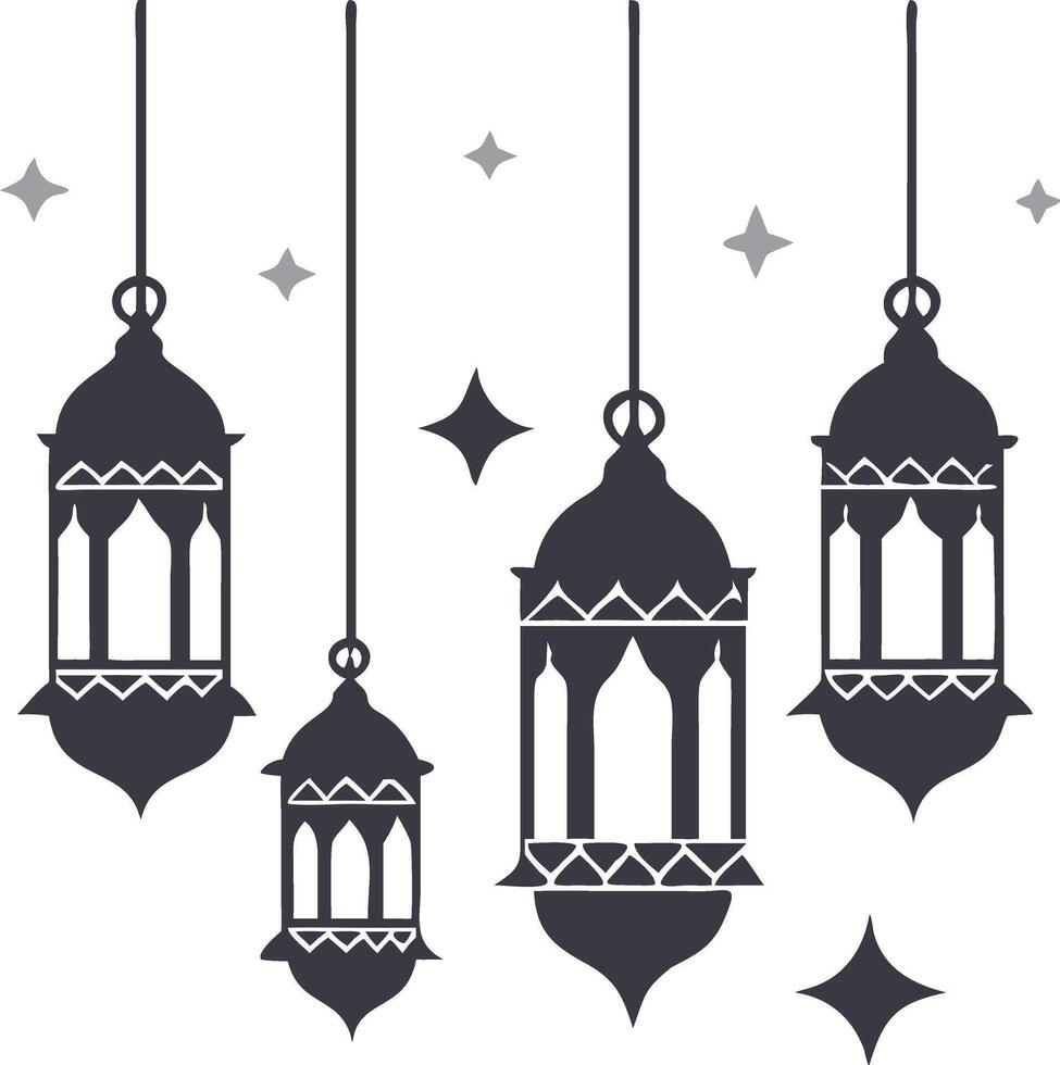 Decorative Black and White Hanging Lanterns with Clean Lines and Geometric Islamic Patterns for Traditional Celebrations vector