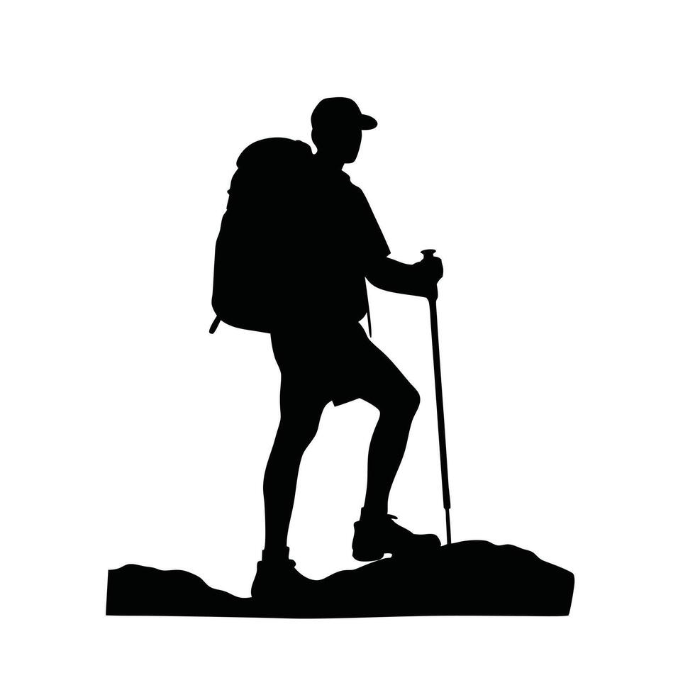 Solo Trekker Silhouette on Craggy Cliff with Scenic View vector