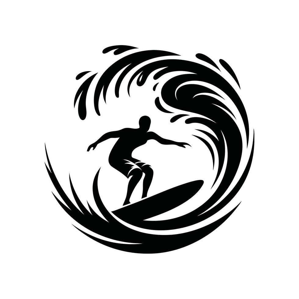 Black and White Surfing Scene with Silhouetted Surfer on Curved Wave for Minimalist Water Sport Artwork vector
