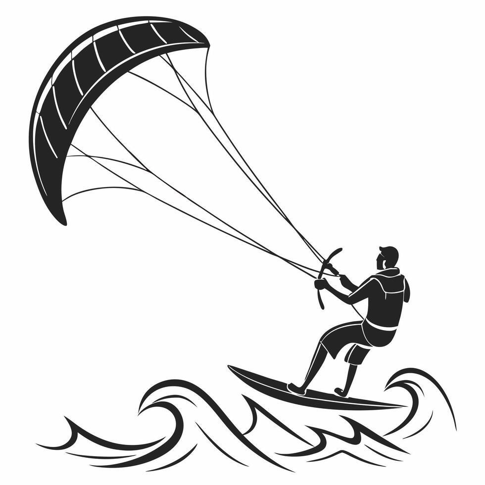Silhouette of Kiteboarder Flying in Mid Air Over the Ocean vector