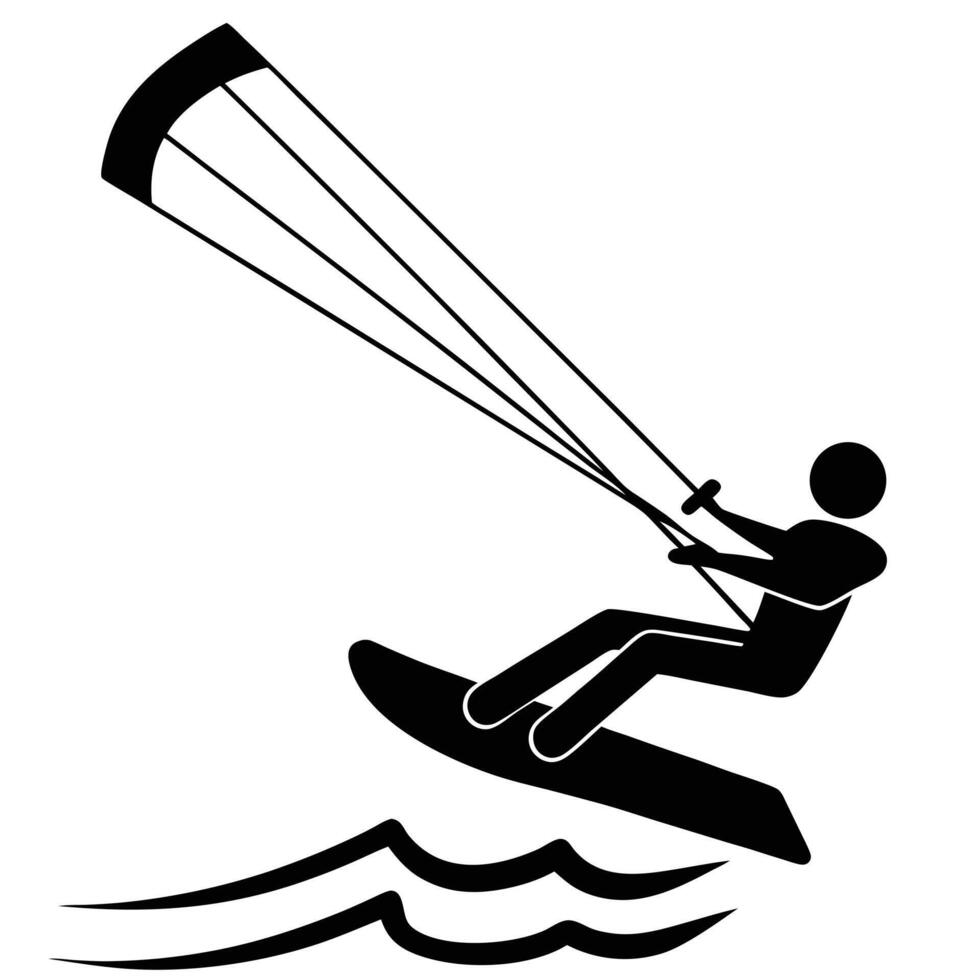 Silhouette of Person Kiteboarding with Wind Over Splashing Waves vector