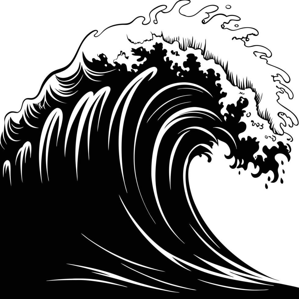 Black and White Stylized Ocean Wave with Curling Crest and Swirling Foam in Dynamic Japanese Inspired Tattoo Art Style vector
