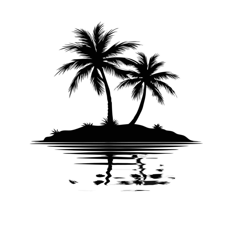 Tropical Island Silhouette Sharp Black Design with Palm Trees and Ocean View vector