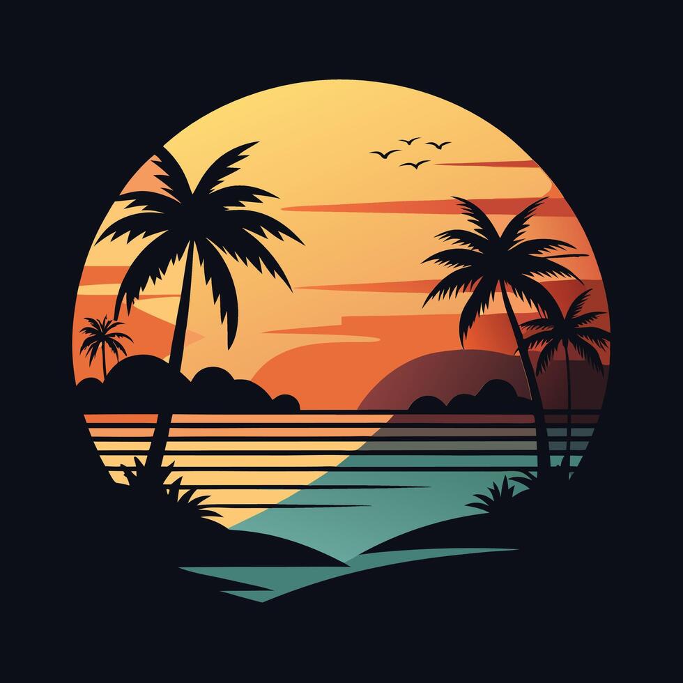 Minimalist Tropical Paradise Silhouette Palm Trees Ocean View vector