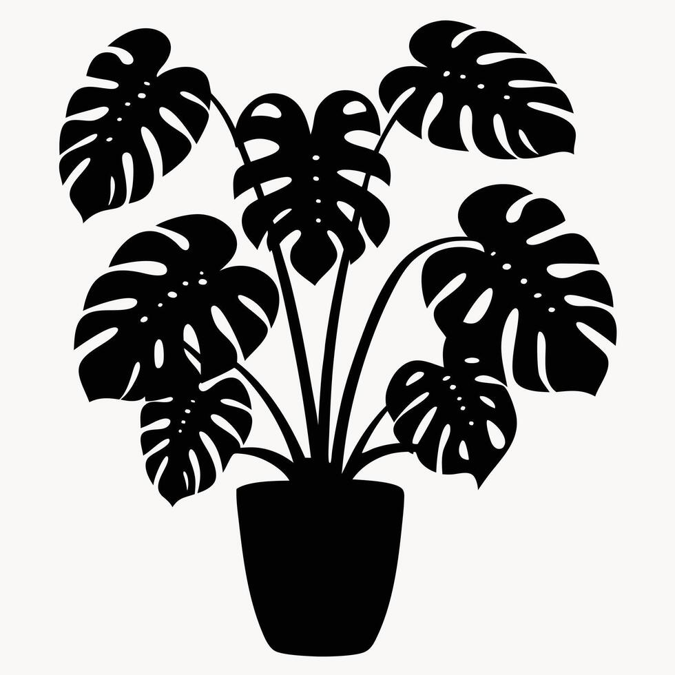 Black and White Silhouette of a Monstera Plant in a Pot vector
