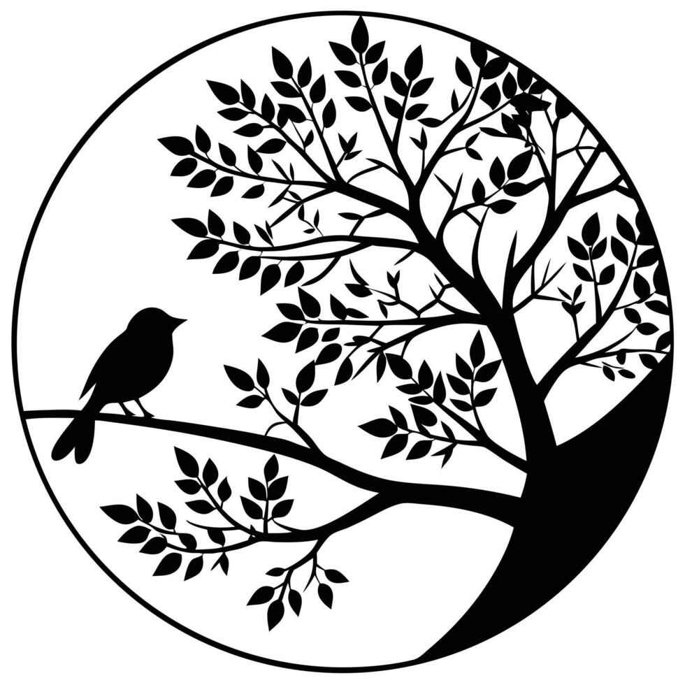 Black and White Tree Silhouette Featuring One Bird on a Branch in Simple Minimalist Style for Nature Inspired Designs vector