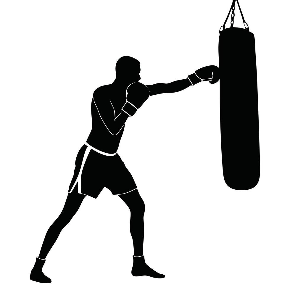 Boxing Workout Silhouette with Athlete Hitting Punching Bag vector