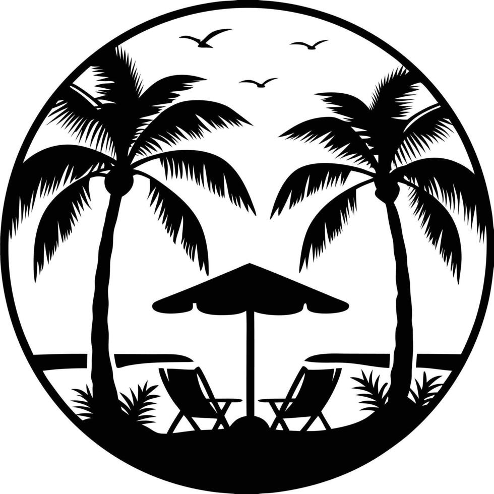 Stylized Tropical Beach Frame Black and White Silhouette Art for Vacation Themes vector