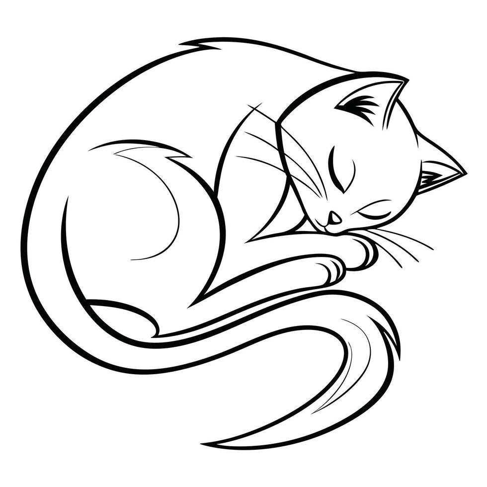 Sleeping Cat Line Art Illustration Curled Tail vector
