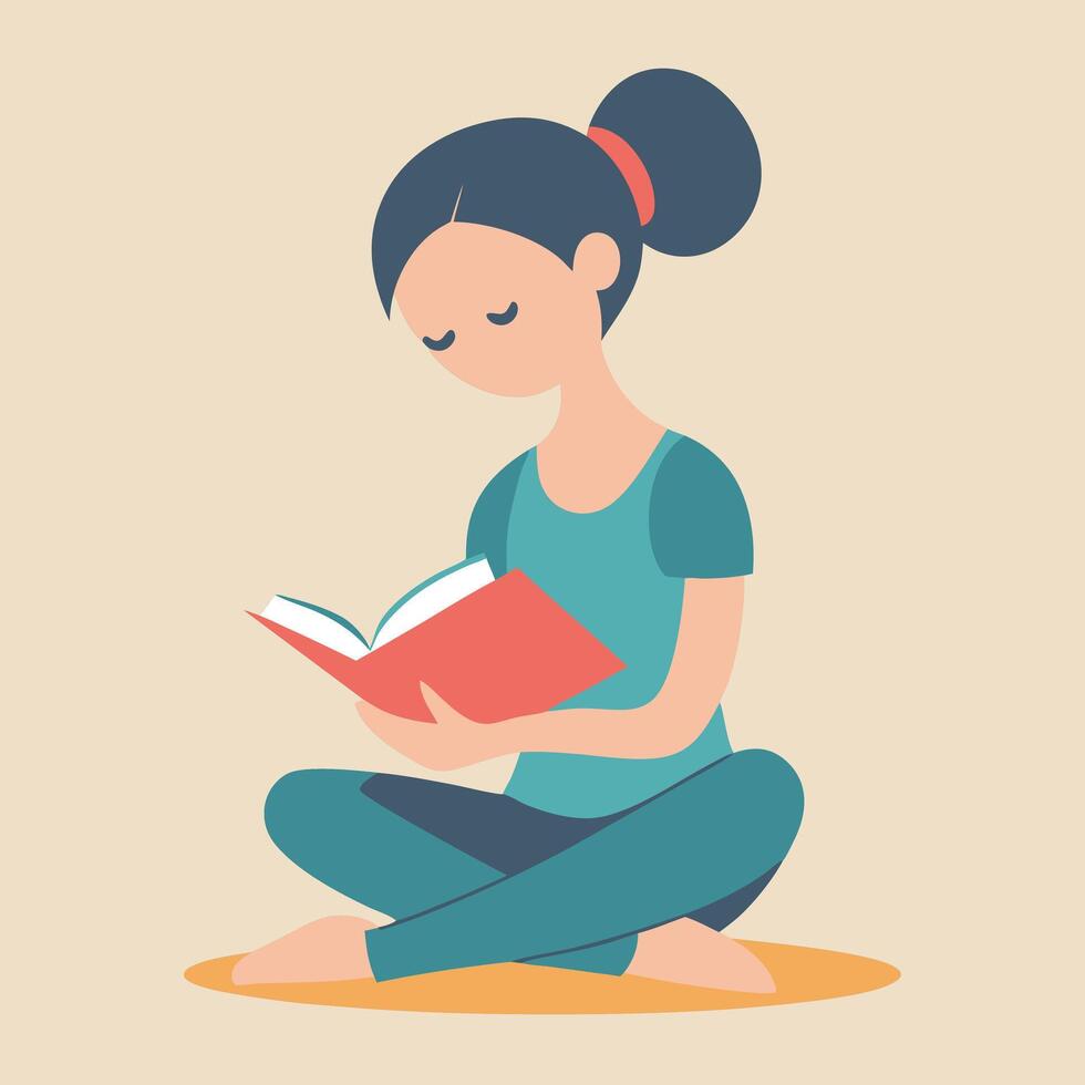 Young Woman Serene Reading a Book in a Relaxed Pose vector