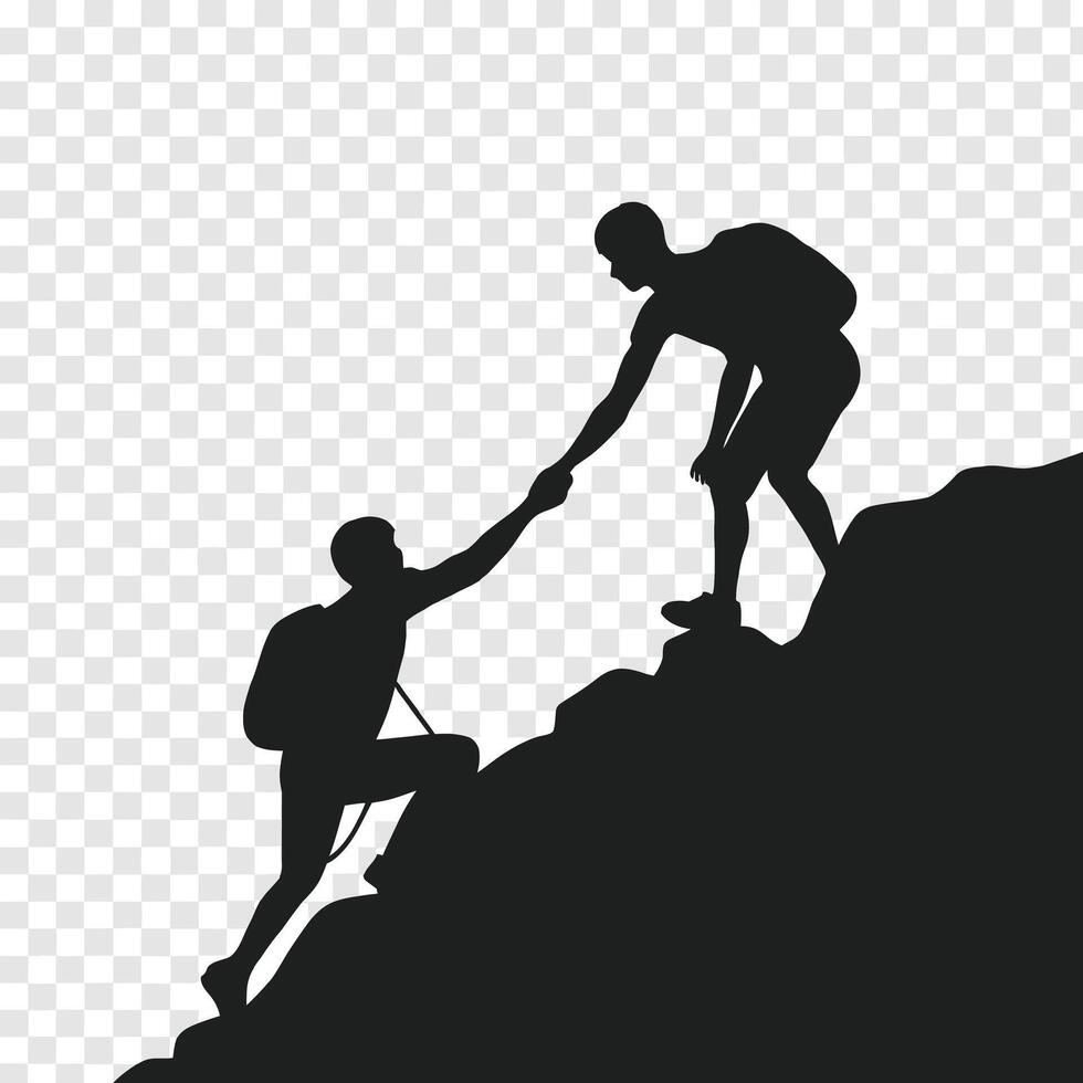 Silhouette of Two People Helping Each Other on a Mountain in a Strong Bond of Trust vector