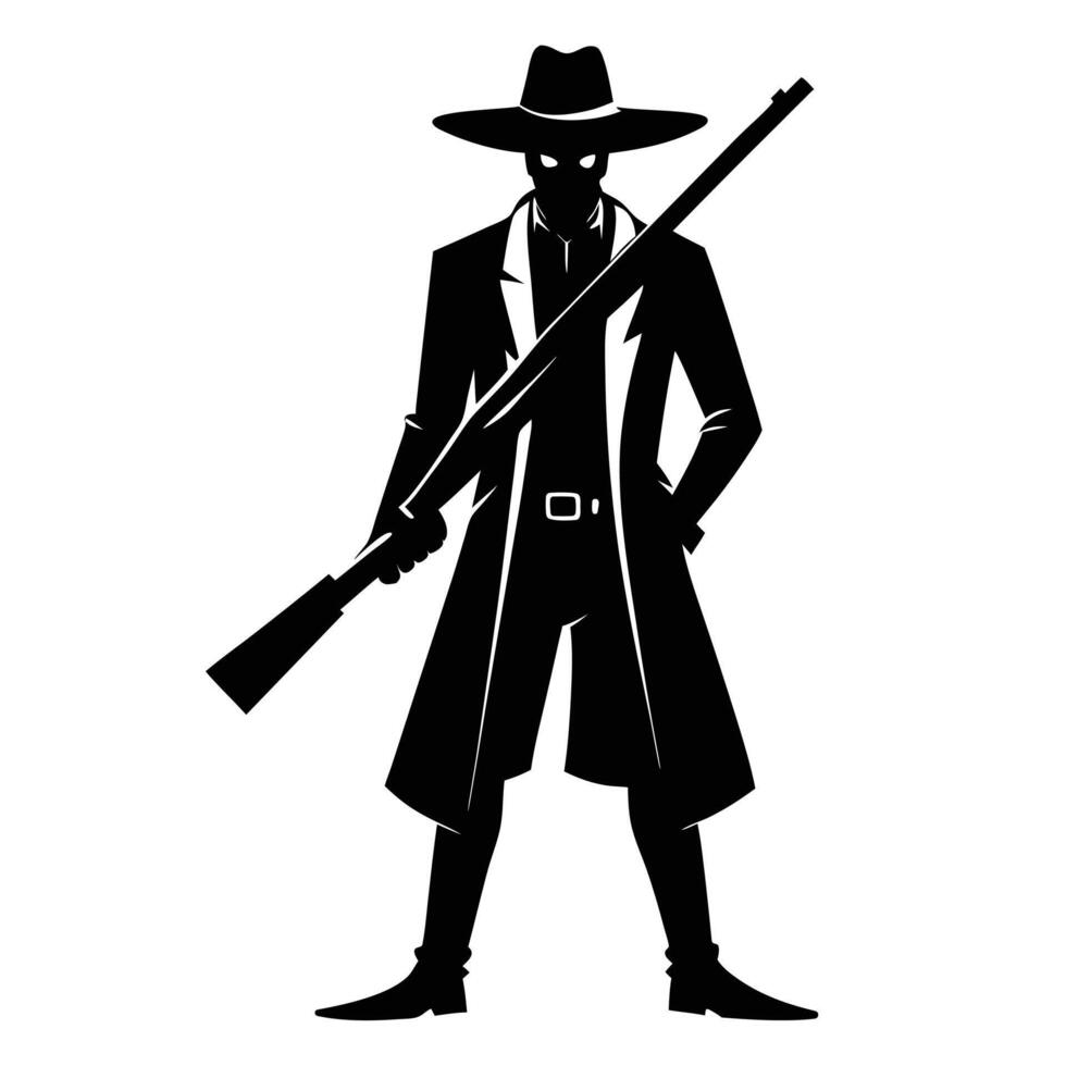 Silhouette of a Mysterious Gunslinger in a Long Coat vector