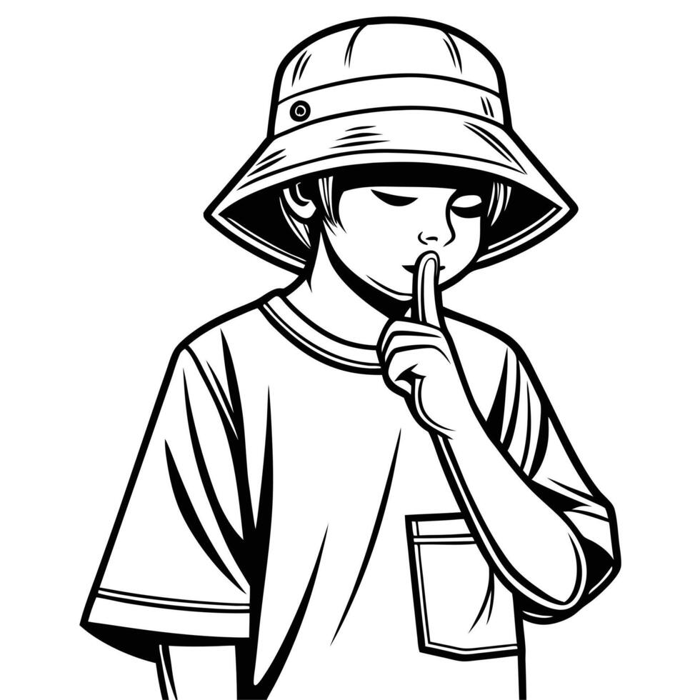 Black and White Illustration of a Boy in a Bucket Hat Shushing vector