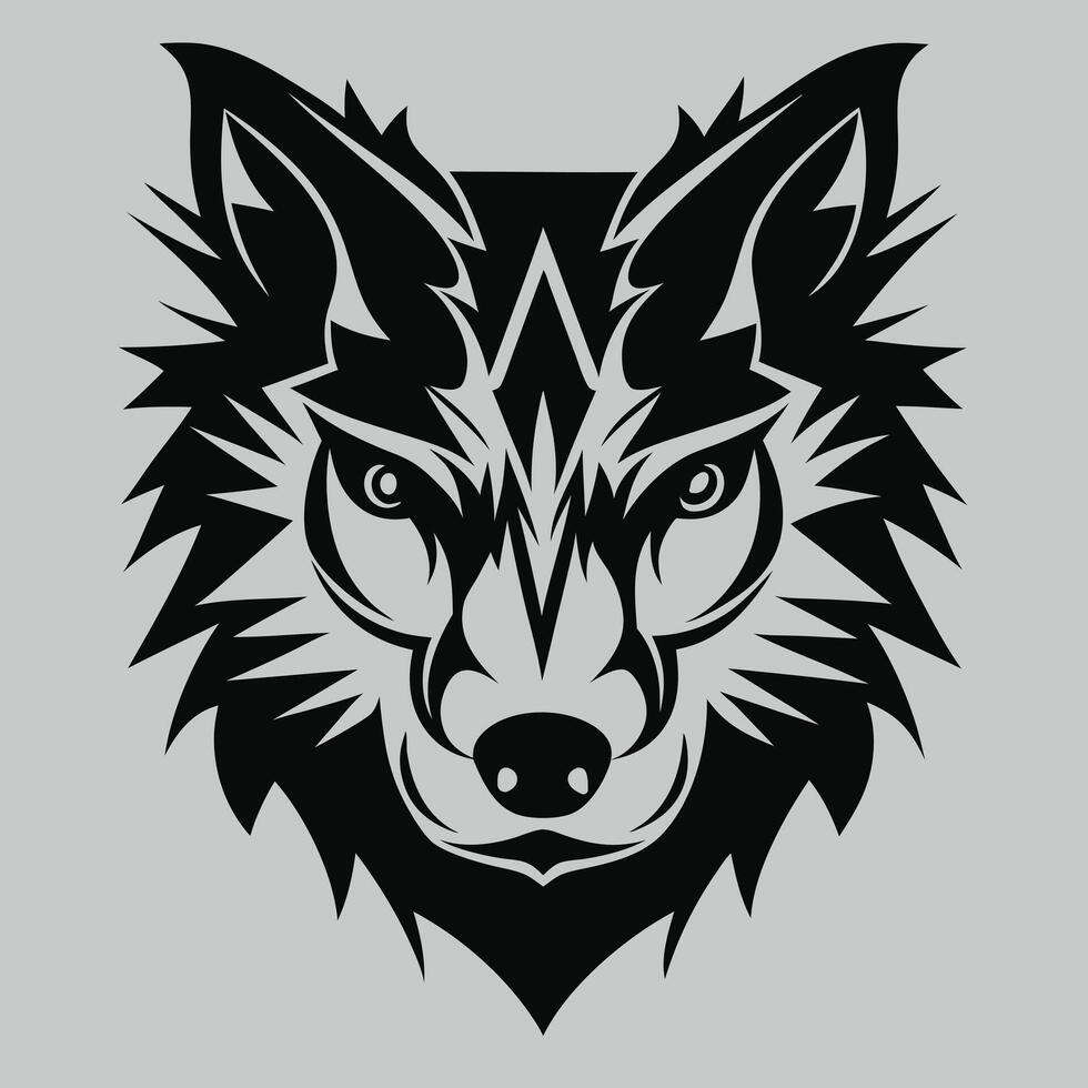 Tribal Wolf Head Illustration in Bold Black Silhouette with Sharp Geometric Lines and Wild Expression vector