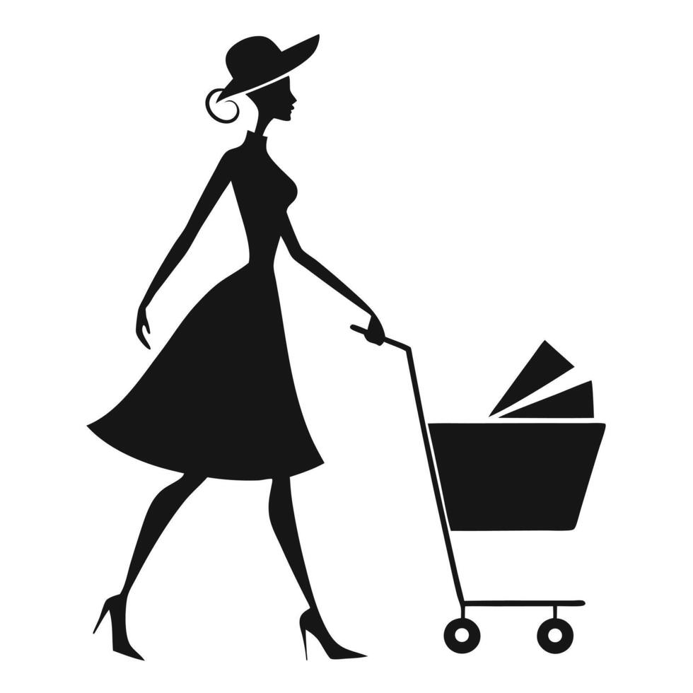 Elegant Woman in Hat Pushing Shopping Cart Silhouette vector