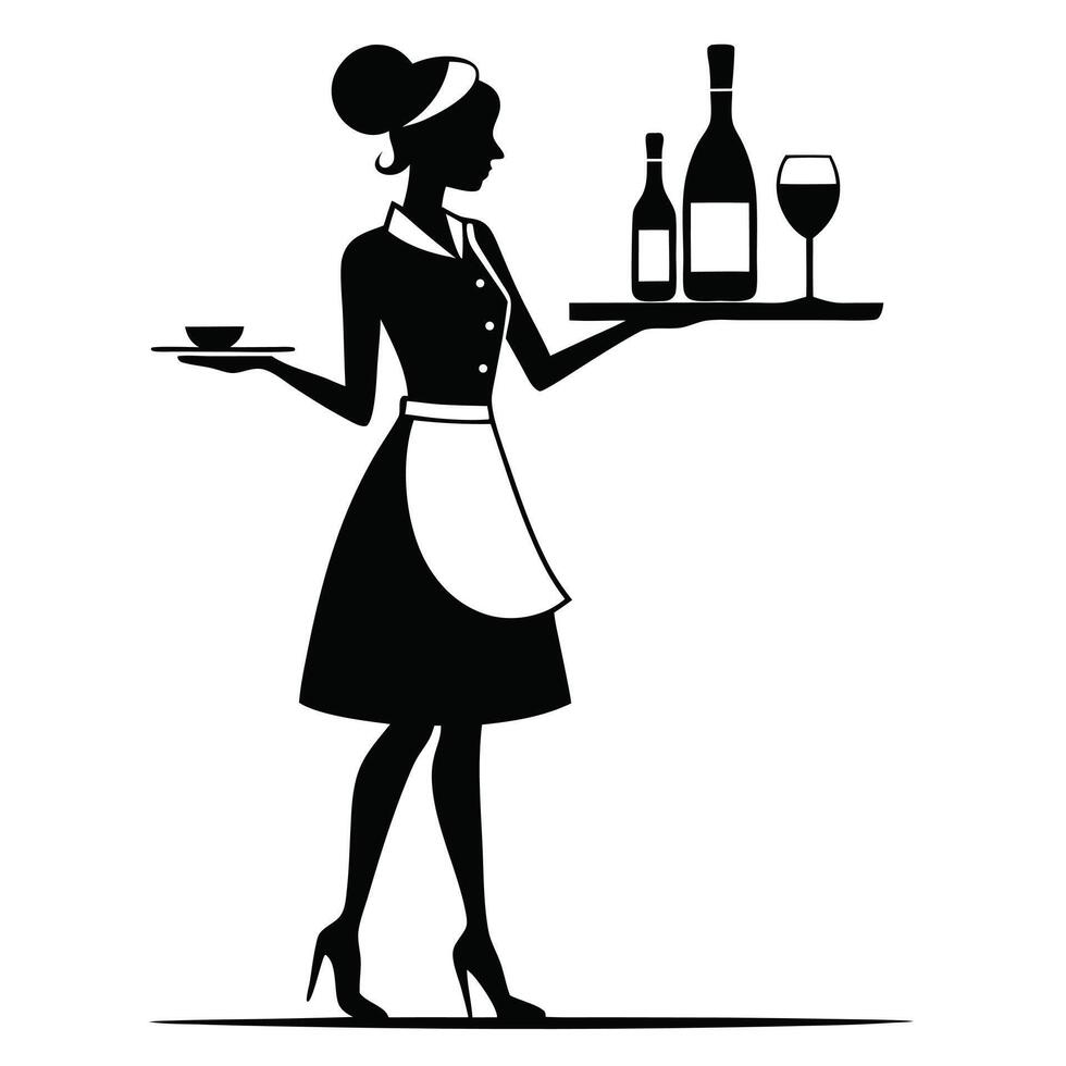 Silhouette of Waitress Carrying Wine and a Dish vector