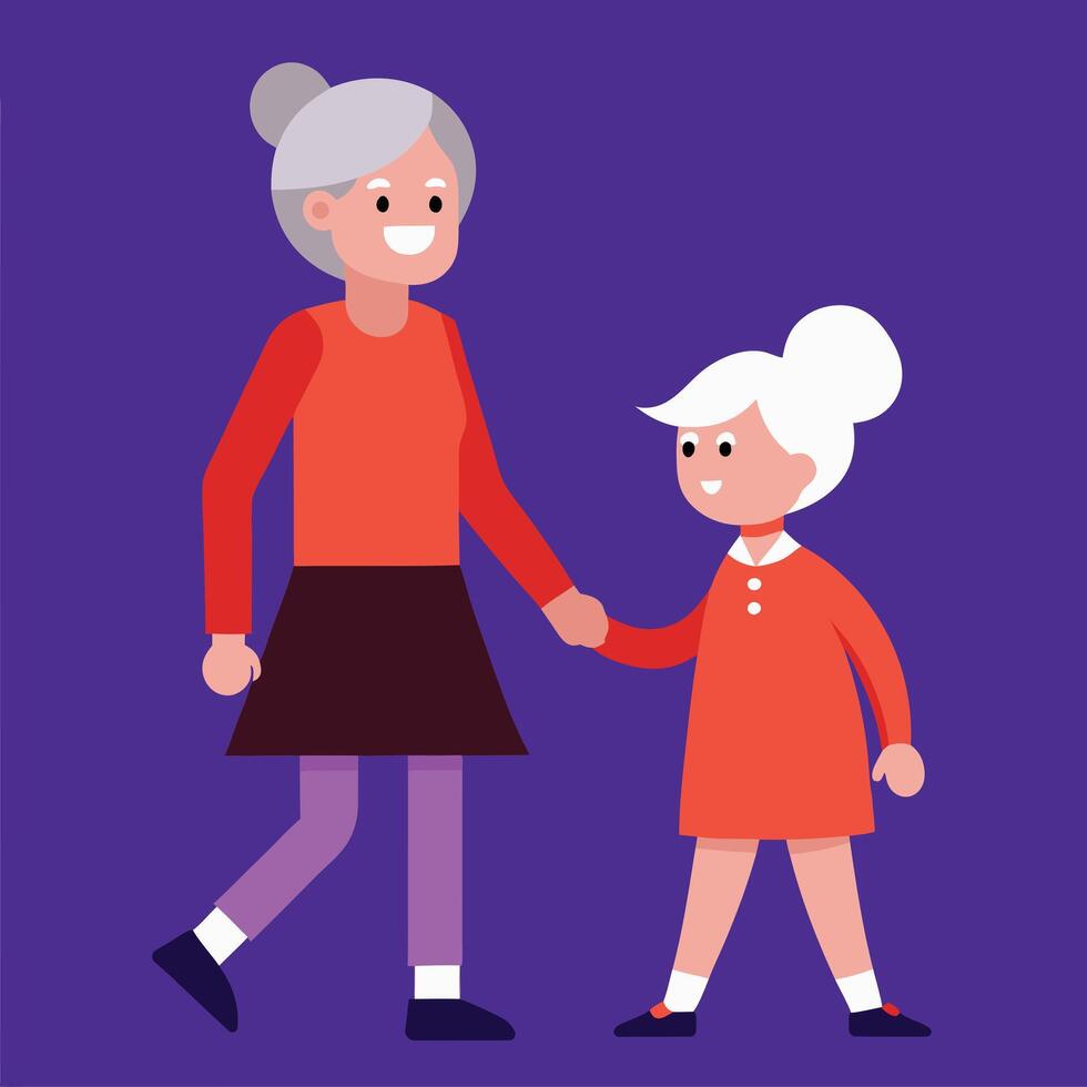 Grandmother and Granddaughter Walking Hand in Hand vector