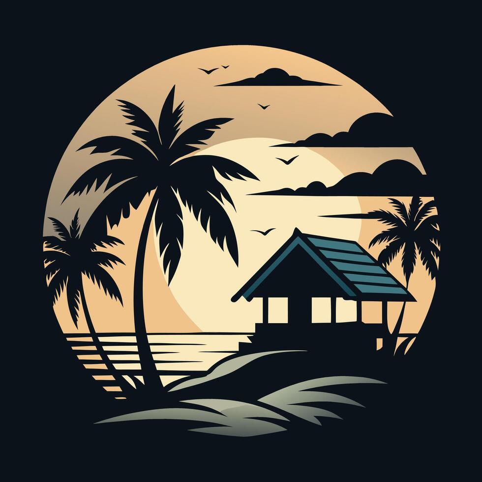 Exotic Beach Getaway Black and White Island Sunset Illustration vector