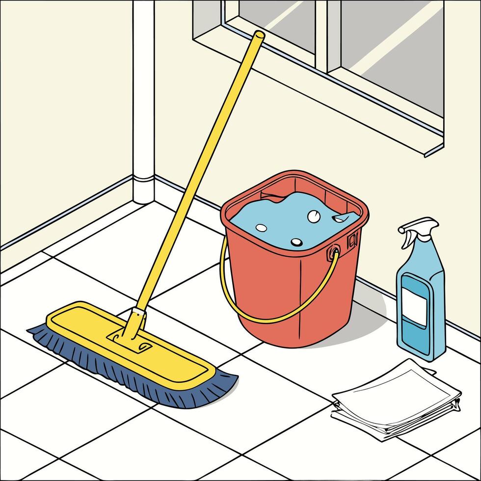 Cleaning Supplies in a Room Corner Isometric Illustration vector