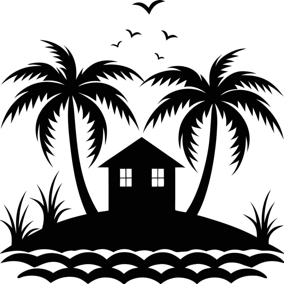 Exotic Island Sunset with Palm Fronds and Ocean View in Black Silhouette and Warm Tropical Hues vector