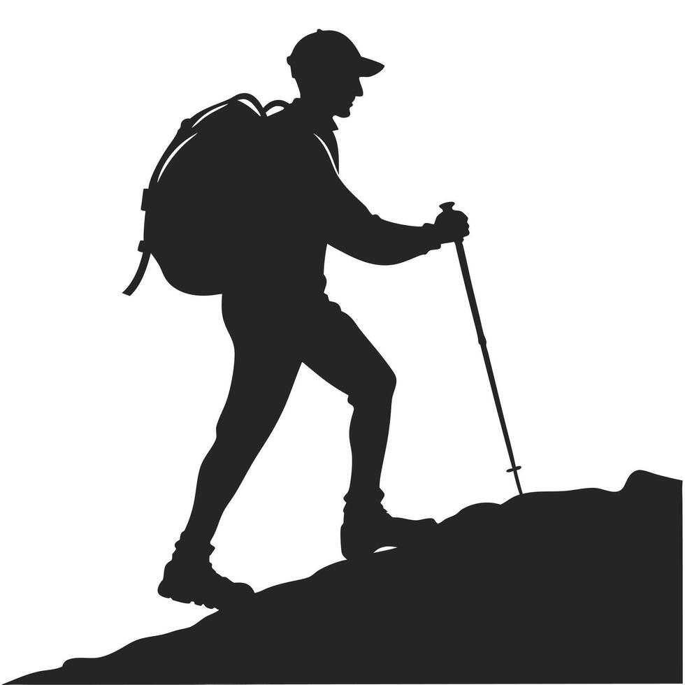 Mountain Climber Silhouette Standing on Rugged Rock Face vector