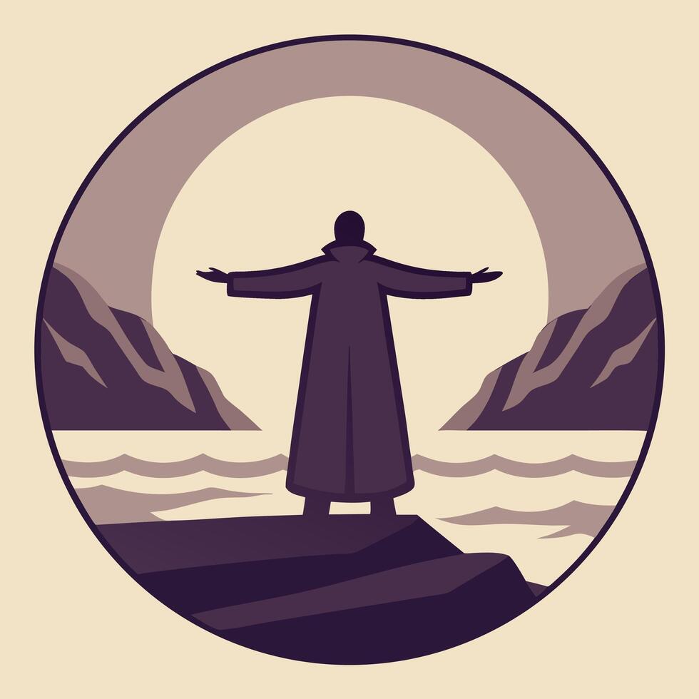 Silhouette of a Person in a Long Coat by the Sea vector