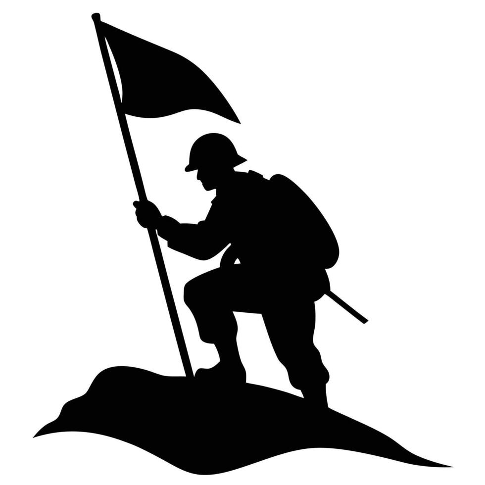 Silhouette of Soldier Planting Flag on Mountaintop vector