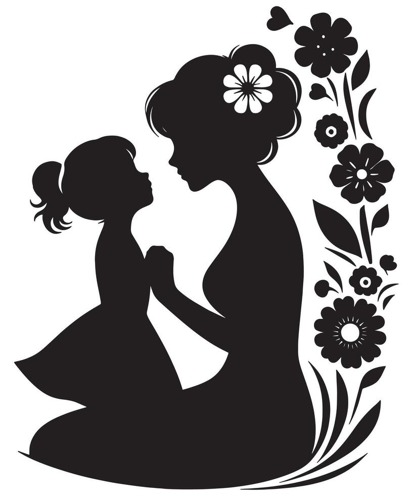 Silhouette art of mother and daughter with floral design for mothers day greeting card template vector