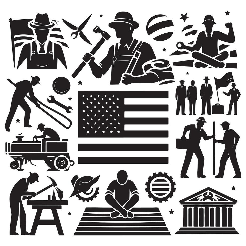 Labor day silhouette collection with american flag and workers for graphic design projects, labor day vector
