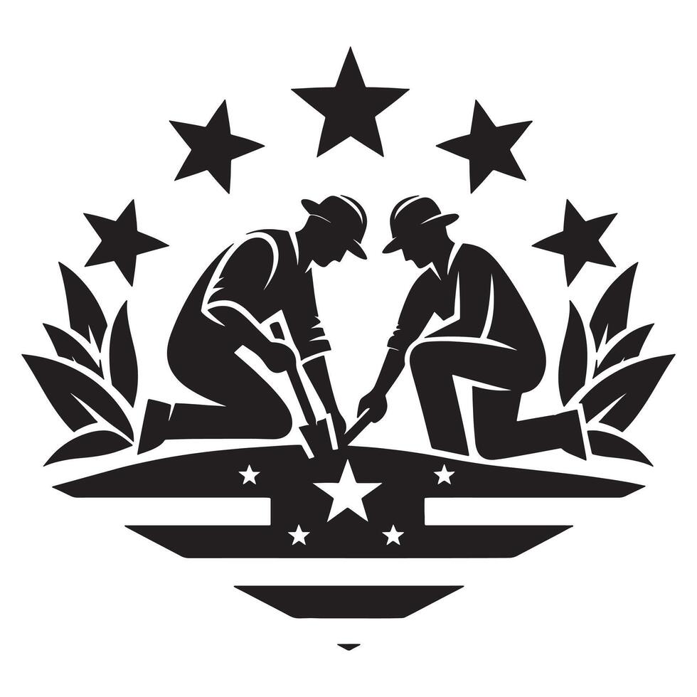 Planting stars memorial day emblem workers and stars design for memorial day remembrance, labor day vector