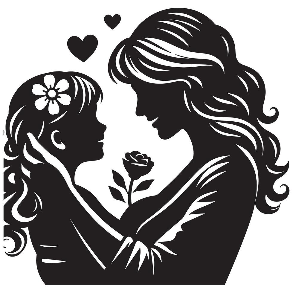 Mother and daughter silhouette illustration with hearts and rose for mothers day design idea vector