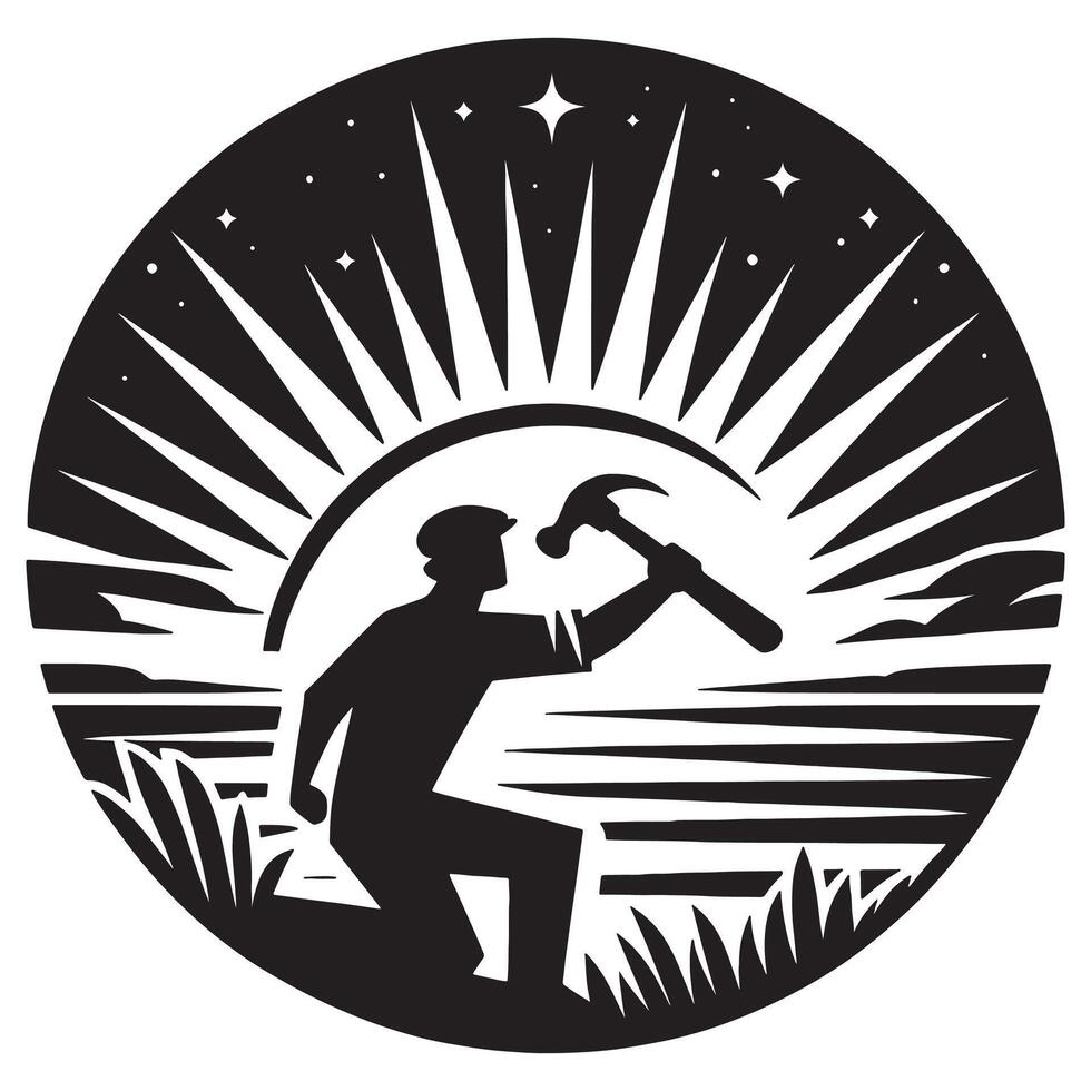 Construction worker silhouette with hammer building under stars and sun rays illustration design, labor day vector